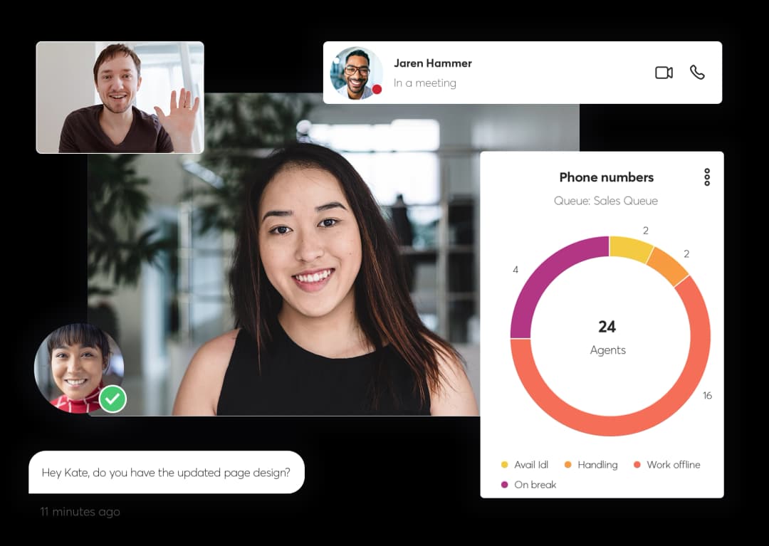 A group of people on a video call with a pie chart, status messages, and a chat window