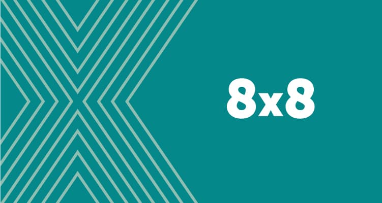 A teal card with a white x and the 8x8 logo